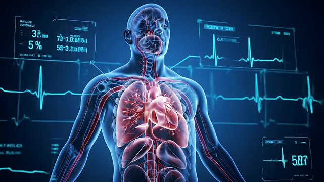 Detailed Holographic Human Body Animation with Transparent Organs and Vital Signs Displays on a Pulsating Blue Medical Background Showcasing Advanced Technology and Anatomical Precision - Powered by Adobe