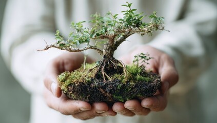 Small bonsai tree held gently in cupped hands (1)