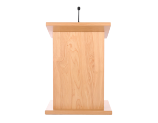 Wooden Lectern with Microphone for Public Speaking and Presentations.