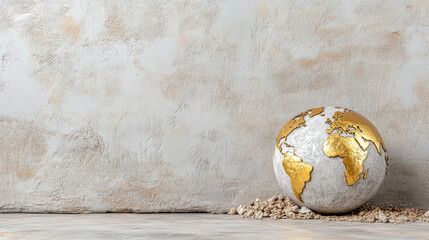 Decorative globe with gold continents rests textured surface, symbolizing wealth and global