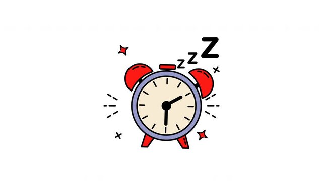 Animation a sleepy alarm clock exhales zzzzs in a whimsical sleepy portrayal.