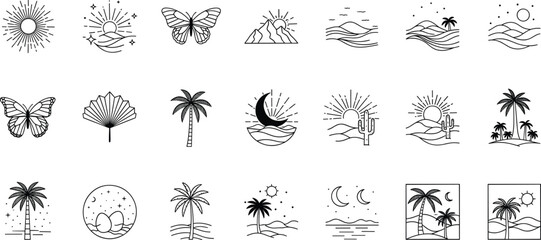 Boho minimal line art vector set with sun moon palm tree mountain butterfly desert and abstract wave nature illustrations