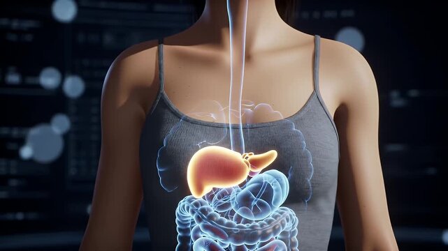 Detailed Medical Visualization of Woman's Liver Gallbladder and Digestive System in Orange and Blue Tones Providing an Educational and Animated View for Healthcare Content