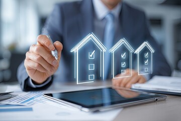 Businessperson's hand draws virtual checkboxes on houses over tablet