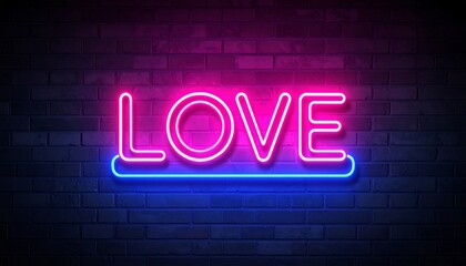 Neon sign spelling LOVE against a dark brick wall (1)