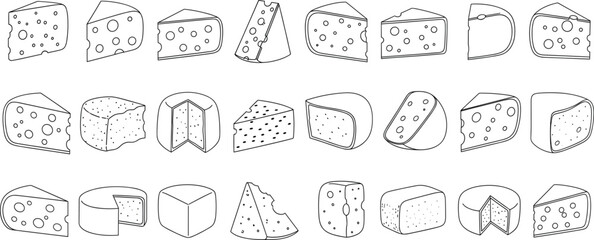 Cheese outline icons set including cheese blocks, wedges, slices, and wheels with holes for menus, packaging, and food design