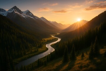 Golden sunrise over mountain valley with winding river, evergreen forests, and snowcapped peaks creating breathtaking wilderness travel landscape