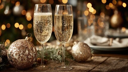 Festive toast: two glasses of champagne sparkle, illuminated by soft lights, on a decorated table, capturing the spirit of celebration and anticipation. Generative Ai
