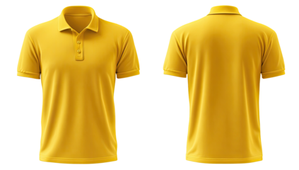 Front and back view of a mustard yellow polo shirt.  A  plain,  short-sleeved  collared  top