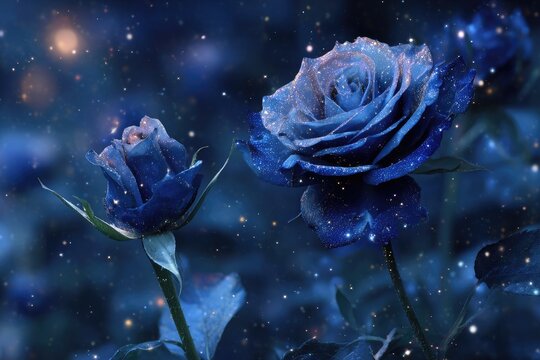 Two vibrant, sparkly, blue roses in a starry night scene