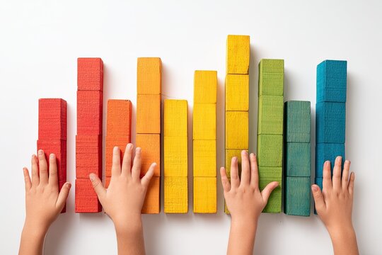 Colorful wooden blocks arranged in a bar graph, child's hands touching