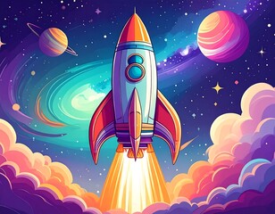 Rocket ship blasting off into vibrant space