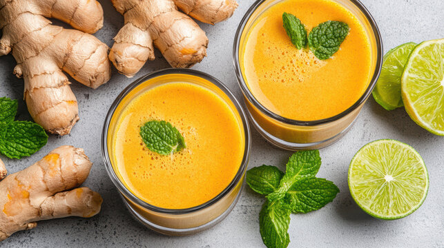 Fresh turmeric ginger shots with lime and mint create vibrant, healthy drink