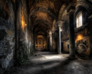 Fototapeta premium Ruined Abandoned Church Interior With Sunlight