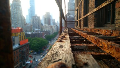 Fototapeta premium Rusty scaffolding walkway overlooking city