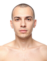 Obraz premium Young Man with Shaved Head Portrait on White Background.
