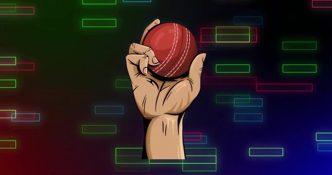 hand appearing holding spinning red cricket ball while neon rectangles drifting and creating aura