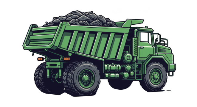 Green dump truck filled with rocks isolated on transparent background