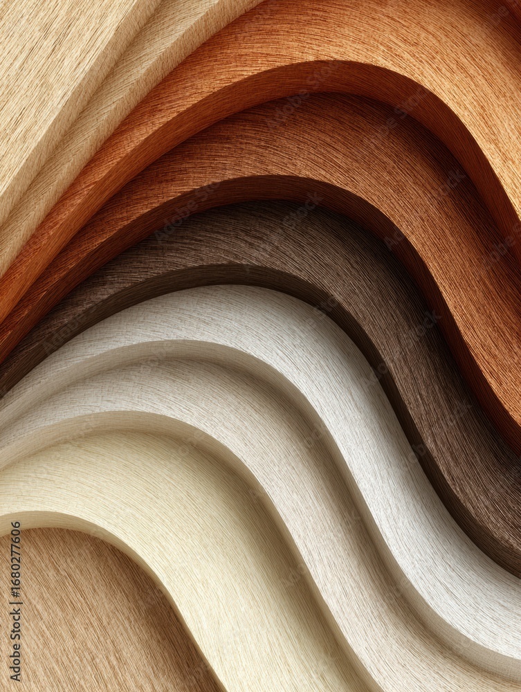 Poster layers of textured paper in warm tones displayed in an artistic wave formation showcasing neutral co