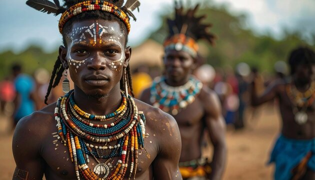 african tribal man traditional attire body paint ceremony - Powered by Adobe