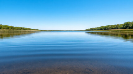 Fototapeta premium Calm lake reflecting clear blue sky with serene water and lush greenery