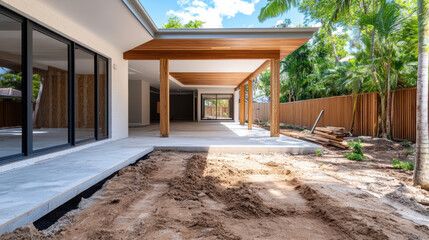 New construction site with sandy ground and wooden beams