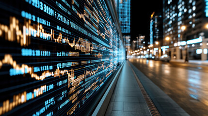 Digital screens display currency data and financial information in vibrant urban setting