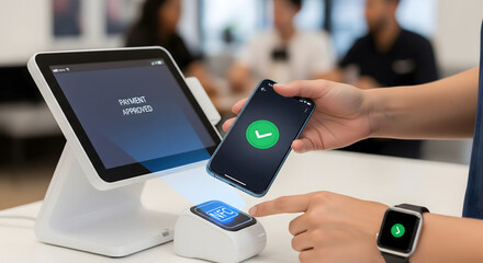 Contactless payment at the register. This photo captures the moment of payment using a smartphone