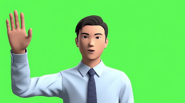 3D Businessman Presenting and Waving Hand on Green Screen Animation