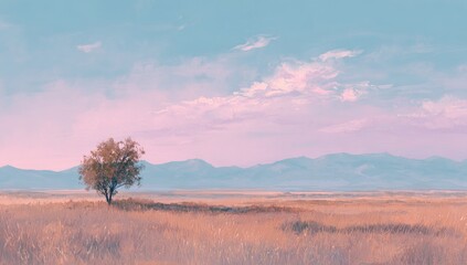 Pastel landscape painting of a lone tree in a vast field at sunset