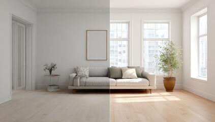 Interior design comparison, light-filled room with couch, plants, and art