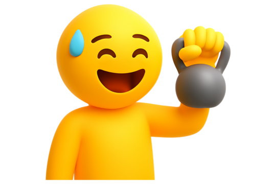 3D character sweating while lifting a heavy kettlebell. Isolated icon for a concept of a hard workout, fitness, strength training, or gym effort.