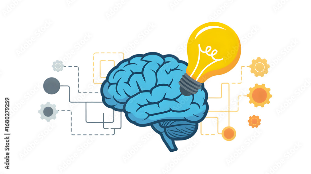 Poster conceptual representation of a bright idea sparking from a human brain with interconnected technolog