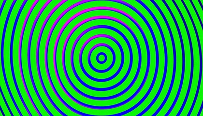 Concentric circles in vibrant pink, purple, and blue hues on a bright green background, creating an optical illusion of depth