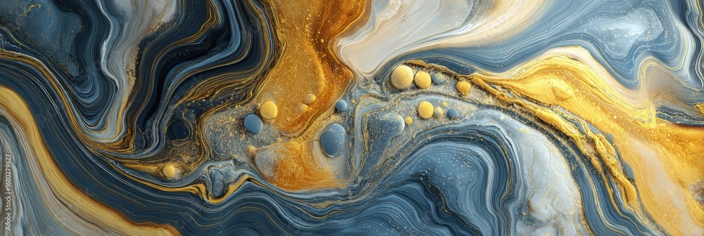 Poster swirling abstract design featuring blue, gold, and grey tones with circular patterns and soft gradie