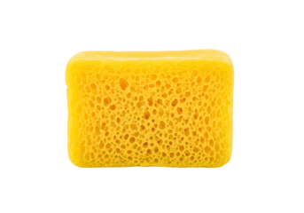A rectangular, bright yellow sponge displays a porous texture against a black backdrop.