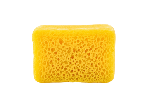 A rectangular, bright yellow sponge displays a porous texture against a black backdrop.