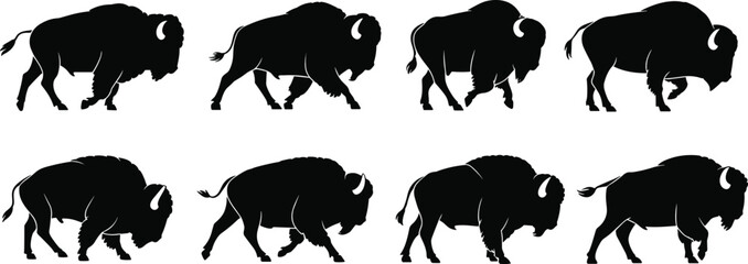 Bison walking cycle silhouette, wildlife animal gait sequence, black vector illustration, side view poses, isolated on white background, cad drawing flat vector illustration