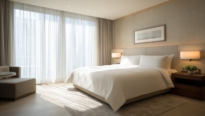 Fototapeta premium Modern hotel bedroom with large windows, sunlight streaming in