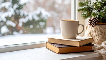 読書をしながらコーヒーを飲むくつろぎの時間 外は雪の庭 