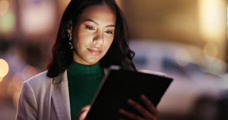 Woman, tablet and night in city with scroll, direction or booking taxi for commute on business...