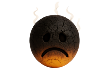 Sad, burnt-out 3D emoji with a cracked and smoking texture. Isolated icon for a concept of burnout, stress, depression, or professional exhaustion.