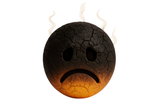 Sad, burnt-out 3D emoji with a cracked and smoking texture. Isolated icon for a concept of burnout, stress, depression, or professional exhaustion.