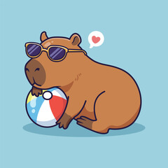 cute Capybara chilling at the beach wearing sunglasses and holding a beach ball. vector illustration