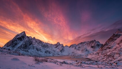 Winter mountain range sunset.  Vast snow-capped peaks under a vibrant fiery sunset sky