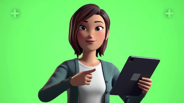3D Young Woman with Tablet Pointing on Green Screen Animation