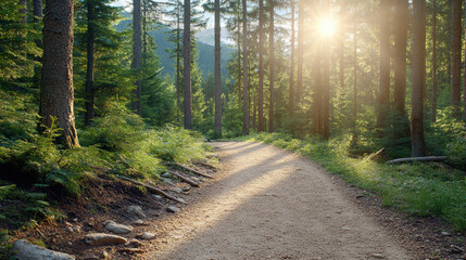 Obraz premium Serene trail winds through lush forest, illuminated by soft sunlight filtering through tall