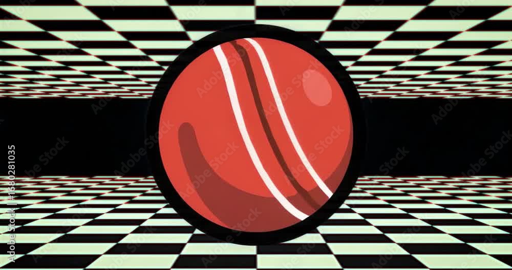 Poster at start red sphere spinning clockwise moving stripes to initial alignment over checkerboard grid