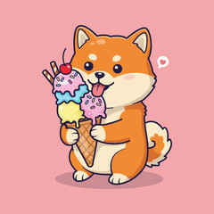 cute Shiba Inu Enjoying an Ice Cream Cone. vector illustration
