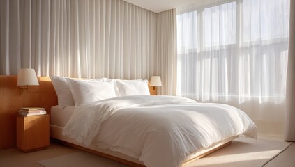 Fototapeta premium Modern bedroom with light beige walls, sheer curtains, and a large white bed